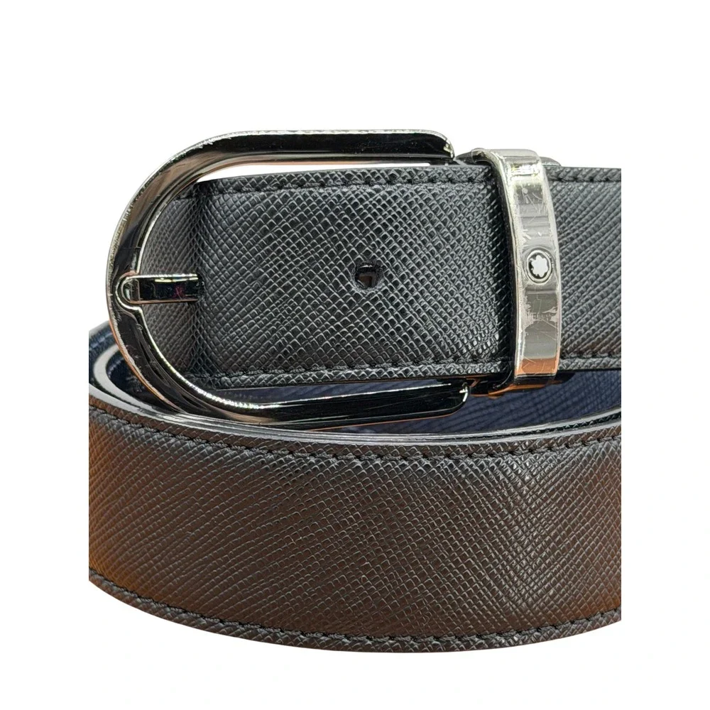 Montblanc Horseshoe Buckle Belt Mens SZ 28 Black Blue Reversible Leather Classic